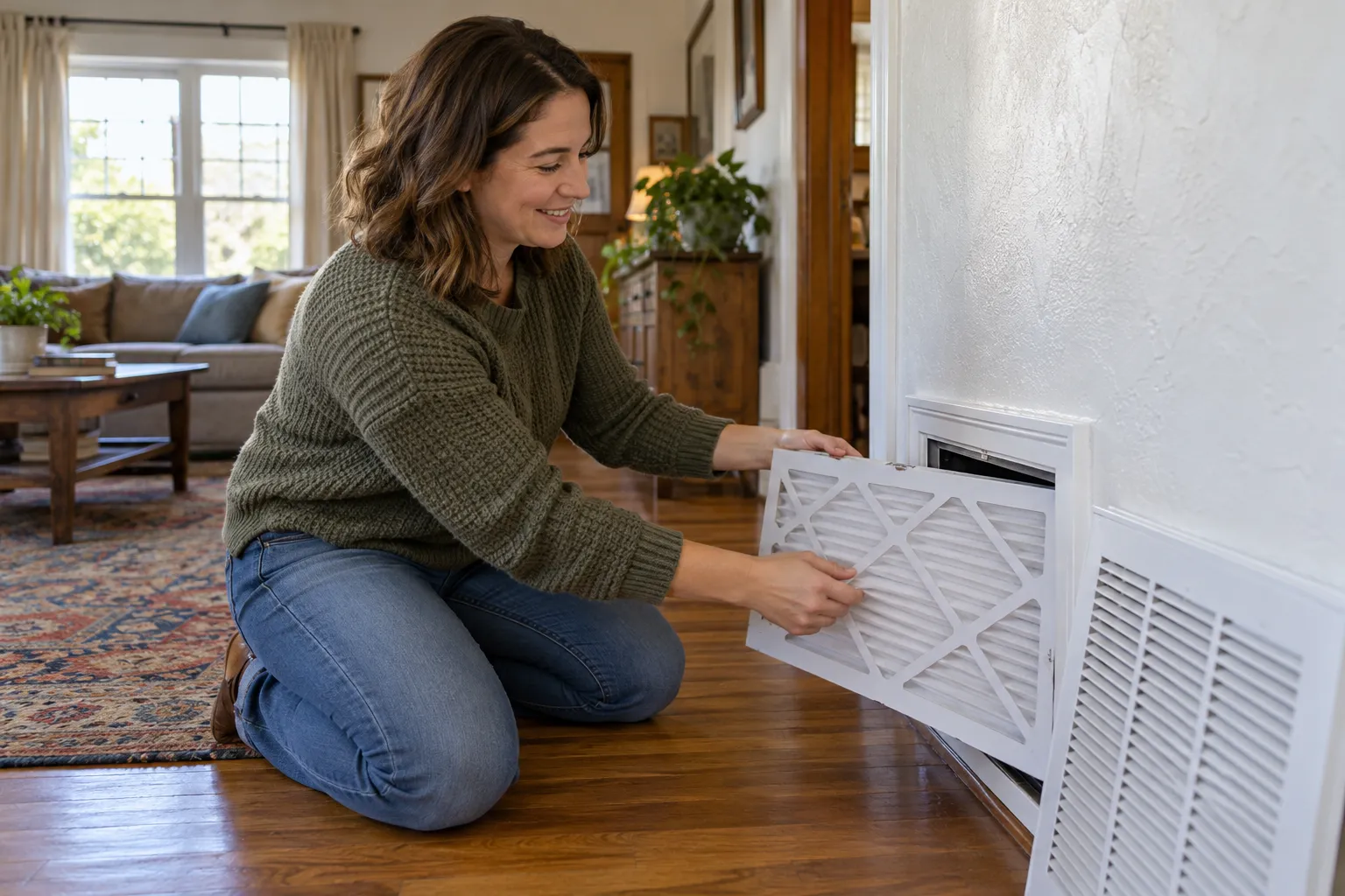 A homeowner replacing an air filter at home in the Fremont area