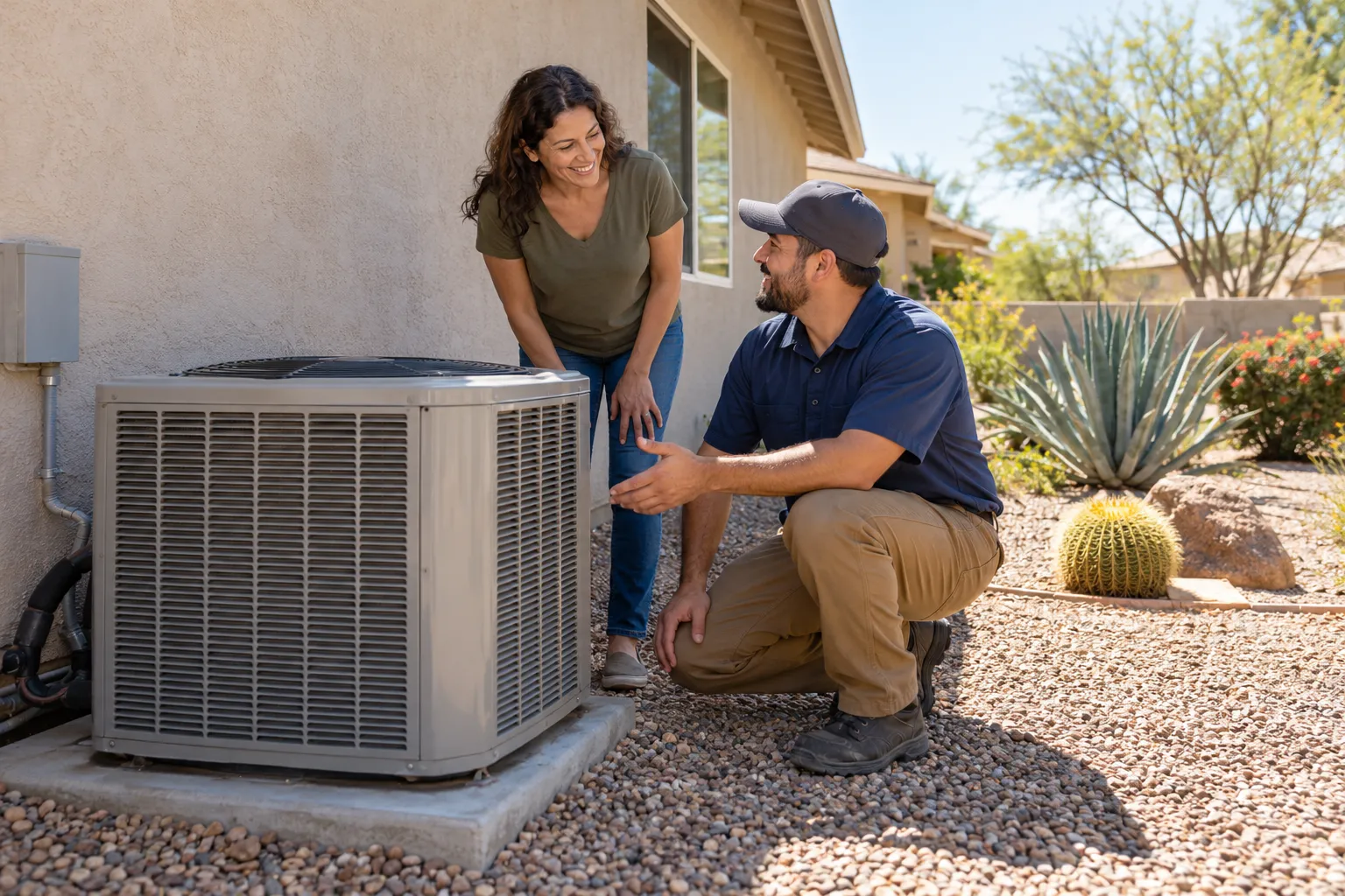 A homeowner checking a thermostat while a local HVAC provider looks at an outdoor AC unit outside a stucco home in Fremont